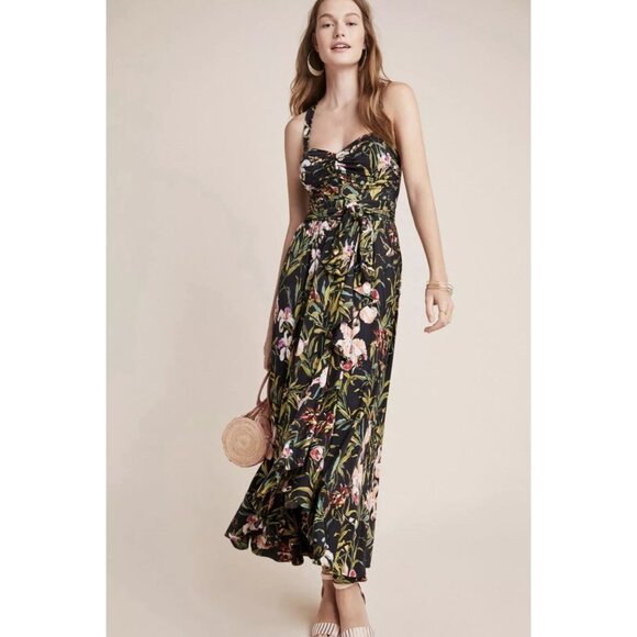 Anthropologie Maeve Gabriela Ruffled Black Floral Maxi Sweetheart Neck Dress L - Picture 16 of 16
